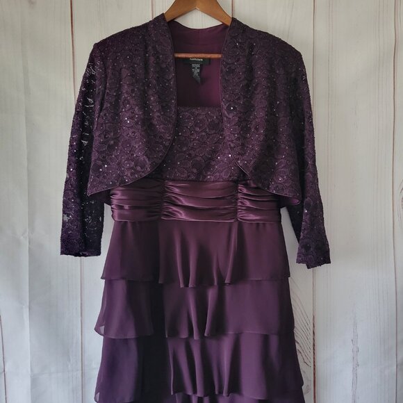 R&M Richards Formal Dress w/ Jacket Set, 14, Plum, Sequins Ruffle Wedding, EUC - Picture 10 of 13